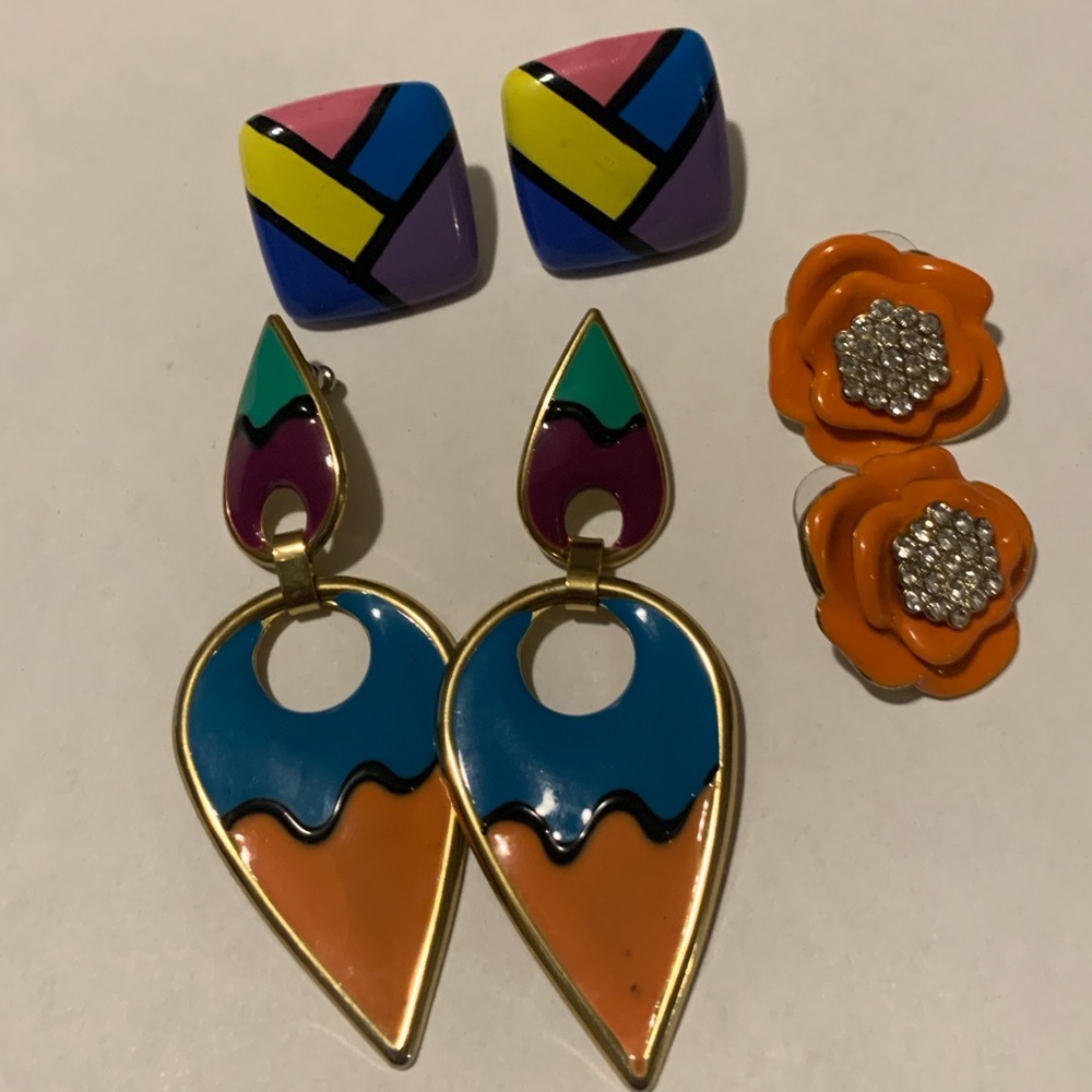 Vintage 1970s trio of pierced enamel earrings